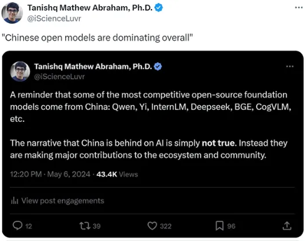阿里Qwen-2成全球开源大模型排行榜第一,中国处于领导地位。(图4) 阿里Qwen-2成全球开源大模型排行榜第一,中国处于领导地位。(图4)